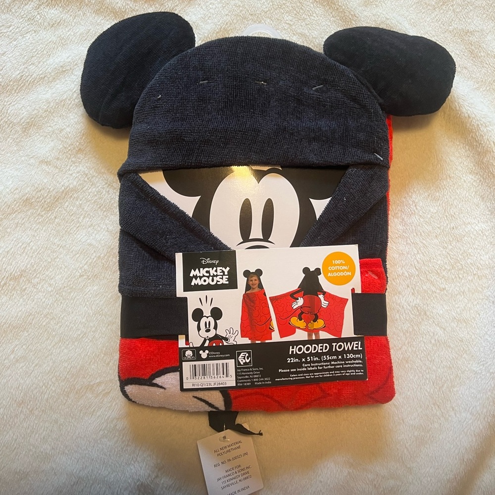 Disney Mickey Mouse Black and Red Hooded Towel.  New never taken out of package.